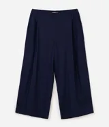 Pantalón palazzo azul marino amplio y fluido con pinzas frontales, confeccionado en mezcla de viscosa y lino.
