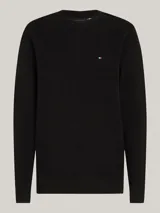 Sweater negro de punto texturizado de algodón, con cuello redondo, puños y bajo de punto canalé. Logo de Tommy Hilfiger bordado en el pecho.