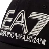 Gorra Armani EA7 color negro con visera curva y cierre ajustable en la parte posterior. Presenta el logotipo de la marca bordado en relieve en la parte frontal.