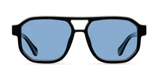 Lentes de sol estilo aviador con montura geométrica oversize en color negro y cristales polarizados en color azul. Presentan un diseño de doble puente con bordes biselados.