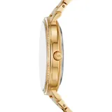 Reloj analógico Michael Kors con caja y malla de acero inoxidable en tono dorado. La esfera es de color negro con el logo de la marca grabado en relieve y cuenta con un bisel decorado con cristales brillantes.