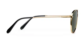 Lentes de sol estilo aviador con montura metálica fina en color dorado y lentes polarizadas en tono verde oscuro. Presentan un diseño clásico con doble puente y terminales de patillas en acetato.