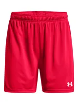 Short deportivo Under Armour Golazo 3.0, de color rojo, con cintura elástica y logo de la marca estampado en blanco en la pierna izquierda.