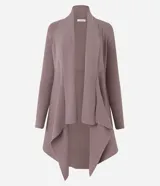 Cardigan alargado de punto texturizado color celeste, de diseño abierto y dobladillo asimétrico con puntas caídas, manga larga y calce cómodo.