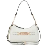 Cartera Guess modelo Celestia, color blanco crema en material sintético con textura acolchada geométrica y logo grabado. Cuenta con herrajes dorados, detalle de cadena en el asa corta y correa ajustable adicional.