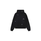 Hoodie oversized de color negro, con capucha, bolsillo frontal tipo canguro y estampado de coronas distribuidas por toda la prenda. Cuenta con el logotipo de Eme Studios bordado en el pecho.