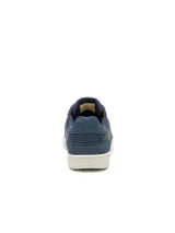 Zapatillas urbanas Caterpillar modelo Pause Retro Leather, de color azul marino, con detalles en ante y suela de goma blanca. Presenta cordones al tono y el logotipo de la marca en el lateral y la lengüeta.