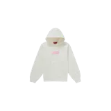 Hoodie canguro Supreme de color blanco con el icónico box logo bordado en el pecho en tono rosado. Presenta capucha con cordón ajustable y bolsillo frontal tipo canguro.