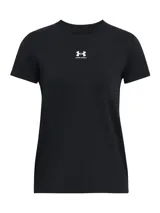 Remera deportiva negra de corte clásico con cuello redondo y logo Under Armour estampado en el pecho.