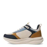Championes urbanos Umbro modelo Fade, con diseño multicolor que combina paneles en beige, azul marino, celeste y detalles en color mostaza. Presentan suela gruesa de plataforma y el logo de la marca en el lateral.