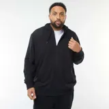 Buzo negro con capucha, cierre frontal con cremallera y bolsillos laterales.