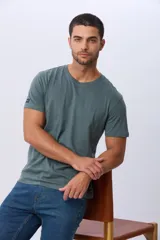 Remera lisa de manga corta y cuello redondo, color gris oscuro, de calce cómodo con pequeño logo bordado en el pecho.