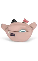 Riñonera negra de la marca JanSport, modelo Fifth Avenue, con parche frontal de la marca y cierres metálicos.