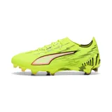 Championes de fútbol Puma Ultra 6 Ultimate FG, color amarillo flúor con detalles en negro y naranja.