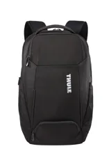 Mochila Thule Accent de 26 litros en color negro, fabricada en poliéster reciclado. Cuenta con compartimentos acolchados para laptop de hasta 15.6 pulgadas y tablet, compartimento superior rígido SafeZone, bolsillo oculto en el panel trasero y correa pasante para equipaje.
