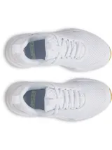 Championes de entrenamiento Under Armour Project Rock BSR 5, color blanco con suela de goma color caramelo. Presentan una parte superior de malla transpirable con refuerzos laterales y una mediasuela Charged Cushioning para mayor amortiguación y retorno de energía.