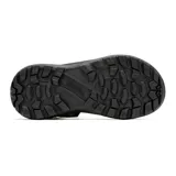 Sandalia deportiva Merrell de color negro, con tiras de tejido reciclado, sistema de ajuste con cordón elástico en el talón y suela de goma con relieve para mayor tracción.