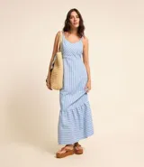 Vestido midi de tricolina a rayas verticales celestes y blancas, con breteles finos con nudo, escote en pico y falda con volantes.