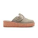 Zueco Skechers Bobs Rosey Rise color verde oliva, con capellada de gamuza vegana, hebilla dorada y plantilla Memory Foam. Plataforma revestida en corcho.