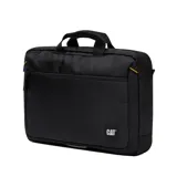 Bolso maletín multipropósito Caterpillar color negro, con asas superiores y laterales, bolsillo frontal con cierre, detalles en amarillo y logo de la marca.
