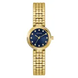 Reloj Guess modelo Clara con caja redonda dorada y bisel decorado con cristales. Esfera azul marino con marcadores de hora en forma de cristal y manecillas doradas. Brazalete de eslabones dorados.