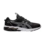 Championes Asics Gel-Quantum 90 de diseño técnico, color negro con detalles en blanco y gris. Presentan tecnología de amortiguación GEL en la entresuela, parte superior de malla transpirable y el logo característico de la marca en los laterales.