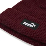 Gorro tipo beanie de punto acanalado en color bordó, con vuelta en el borde y parche rectangular negro con el logo de Puma en blanco en la parte frontal.