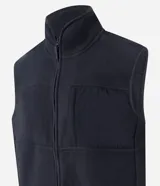 Chaleco deportivo gris oscuro con cuello alto y cierre frontal con cremallera. Presenta recortes en tejido liso en la parte superior del pecho y en los bolsillos laterales.