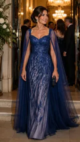 Vestido largo de gala en color azul profundo, con escote corazón y corte sirena. Presenta una base de tul con intrincados bordados de hojas en hilo de seda y pedrería brillante. Incluye una capa de tul traslúcido integrada que cae desde los hombros, aportando movimiento y elegancia.