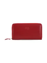 Billetera de cuero vacuno color rojo, con cierre perimetral, tiracierre de cuero y logo de la marca grabado en el frente.