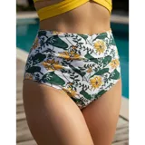 Conjunto de bikini de dos piezas de la marca Uniteduy, compuesto por un crop top amarillo liso con diseño cruzado y tirantes finos, y una bombacha de tiro alto con estampado floral y de hojas en tonos amarillos, verdes y blancos.