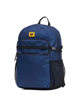 Mochila unisex color azul marino con logo de CAT en amarillo. Cuenta con bolsillo delantero con cierre, presillas frontales, compartimento acolchado para laptop de 15 pulgadas, hebillas de compresión laterales, bolsillos laterales de malla, correa ajustable para el esternón y panel trasero y correas acolchadas con malla transpirable.