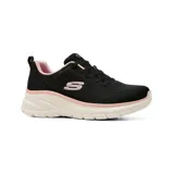 Championes deportivos Skechers modelo Fashion Fit 2.0 Moonlight Glow, de color negro con detalles en rosado y suela blanca. Cuentan con capellada de tejido técnico con acabado metálico, cordones negros y tecnología Memory Foam en la plantilla para mayor comodidad.