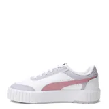 Championes Puma modelo Carina Mía, de diseño urbano con plataforma. Presentan una base blanca con detalles en lila en la puntera y el talón, y el logo de la marca en color rosado en el lateral.