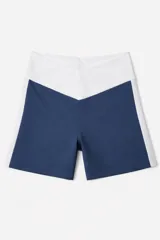 Biker de tiro alto con diseño de bloques de color, combinando azul marino y blanco. Presenta una cintura en forma de V y paneles laterales en contraste.