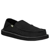 Zapatos tipo slip-on Sanuk modelo Donny, color negro, con diseño de talón plegable y costuras tradicionales en la puntera. Confeccionados con capellada de algodón y suela de goma con materiales reciclados.