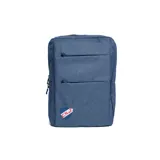 Mochila Bassi de poliéster color azul, con dos bolsillos frontales con cierre y el escudo del Club Nacional de Football bordado en la parte inferior.