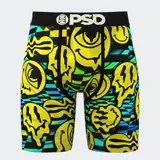 Calzoncillos bóxer de hombre PSD con estampado de caras sonrientes derretidas en amarillo, negro, azul y verde. Cuenta con entrepierna de 7 pulgadas, bolsa MicroMesh sellada y transpirable, estiramiento en cuatro direcciones y costuras planas.