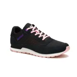 Championes Caterpillar modelo Ventura, color negro con detalles en rosado y violeta. Presenta una combinación de gamuza y malla en la capellada, con entresuela de EVA y suela de goma.