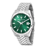 Reloj Maserati Attrazione con caja de acero inoxidable de 43mm y brazalete de acero. Presenta una esfera verde con diseño de líneas horizontales, índices aplicados, manecillas luminiscentes y ventana de fecha con lupa.