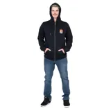 Canguro negro con cierre frontal, capucha con cordones ajustables, bolsillo tipo canguro y logo Volcom estampado en el pecho.