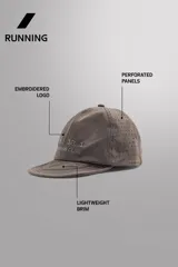 Gorra deportiva de tejido técnico ligero en color azul marino, con visera corta y paneles laterales perforados para mayor ventilación. Presenta logos bordados a tono en el frente.