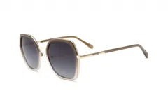 Lentes de sol de armazón grande, forma geométrica/cuadrada con esquinas redondeadas. El armazón combina metal dorado en el puente y parte frontal superior con acetato en tonos café/marrón y gris translúcido. Las varillas son delgadas, metálicas y terminan en acetato marrón. Los cristales son oscuros con degradado grisáceo.