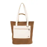 Bolso tote de color marrón con bolsillo frontal blanco y asas de hombro en tono crudo.