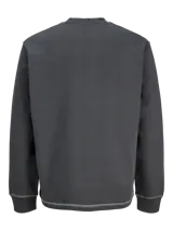 Buzo gris oscuro de manga larga con cuello redondo, calce relajado, costuras visibles en contraste y pequeño estampado con el logo en el pecho.