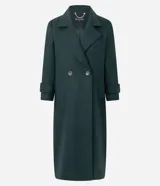 Abrigo largo de paño color verde oscuro, con solapas amplias tipo blazer, cierre frontal cruzado con botones y abertura trasera. Diseño estructurado y elegante.