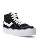 Championes tipo bota de lona negra con plataforma blanca, cordones blancos y detalle de logo lateral en blanco.