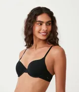 Soutien push up negro de microfibra, con breteles finos regulables y cierre trasero con gancho.