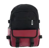 Mochila urbana con diseño bicolor en negro y bordó, con compartimento principal con cierre, bolsillo frontal con solapa y hebillas de ajuste, y correas laterales.