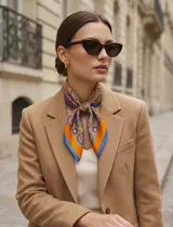 Pañuelo cuadrado de satén con estampado geométrico de círculos en tonos naranja, violeta y azul, con borde contrastante.